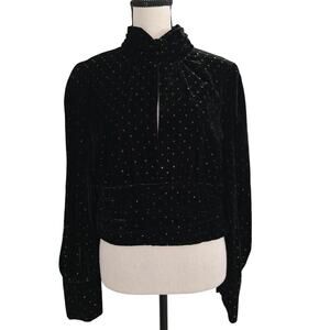 Zara Velvet Top M Black Gold Polka Dot Mock Neck Keyhole Party Holiday Festive